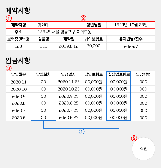 보험료 납입내역서 촬영 예시 이미지